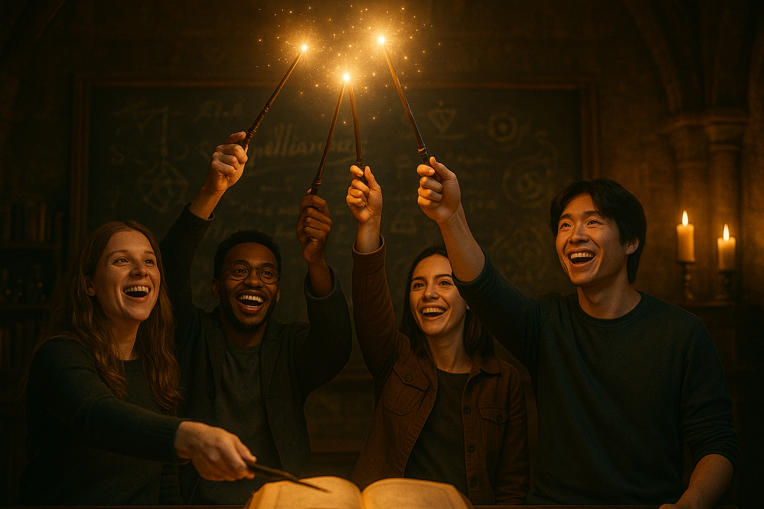 Grupo celebrando en sala de escape room temática