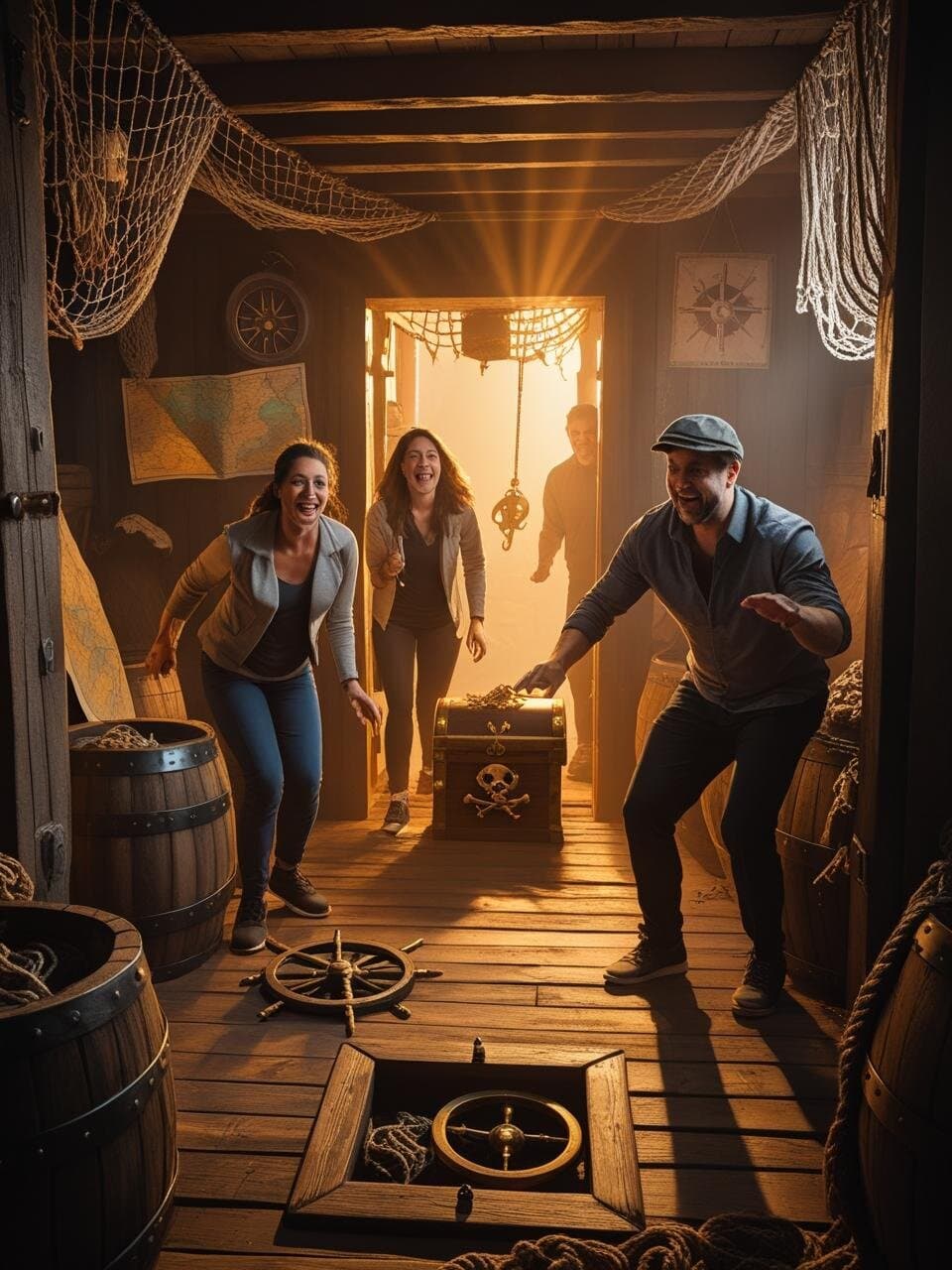 Grupo escapando de sala temática pirata con luz dorada