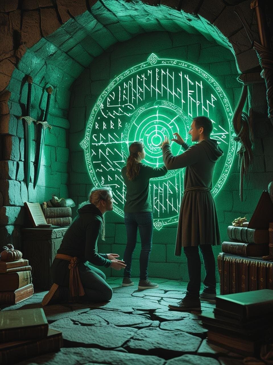 Equipo resolviendo runas mágicas en sala de fantasía